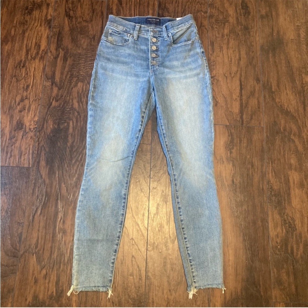 NWT Lucky Brand Bridgette High Rise Exposed Button Fly Skinny Raw Ankle Jeans 26